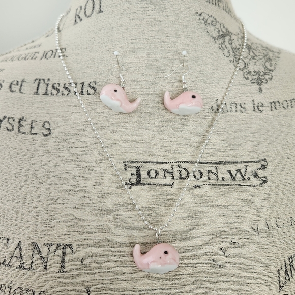 Pink Whale Earrings Necklace Set - Picture 1 of 9